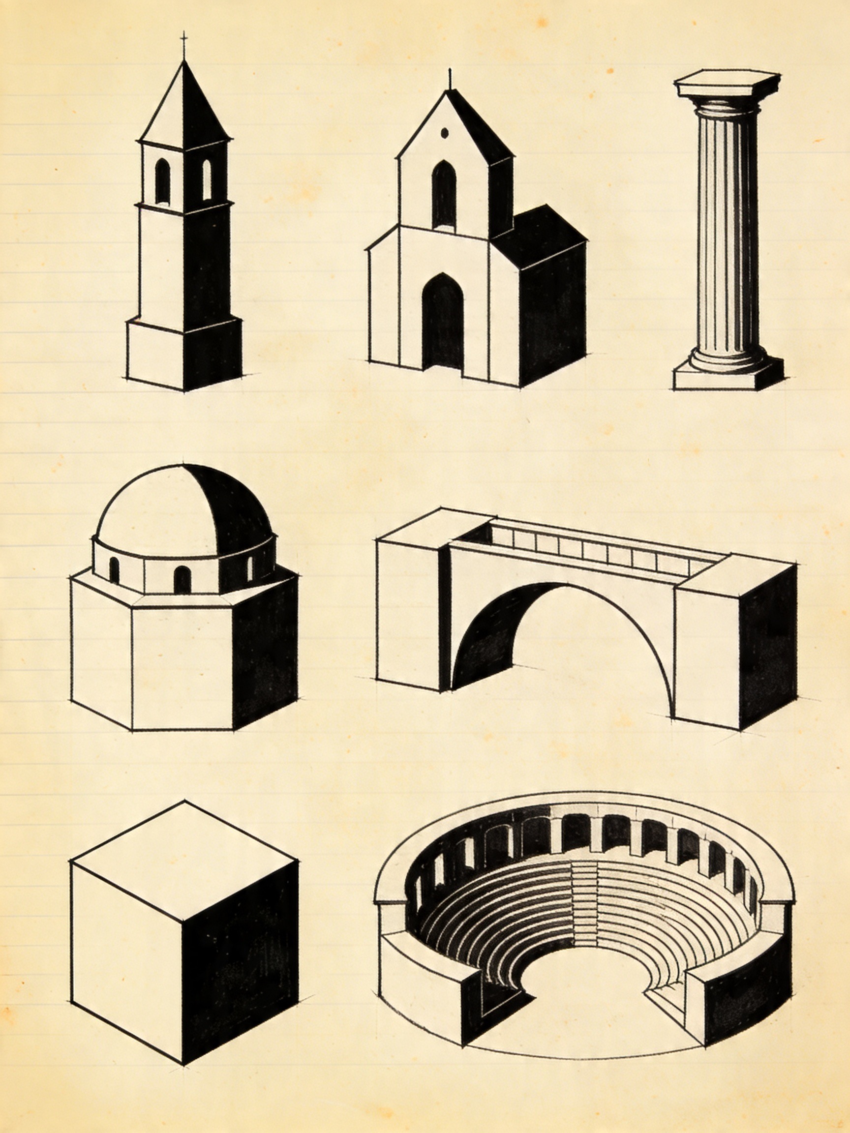Estudio tipológico de seis elementos arquitectónicos canónicos (campanario, basílica, columna, cúpula, puente, anfiteatro) sobre papel pautado en tinta densa, jerarquizados como en un cuaderno de estudio.