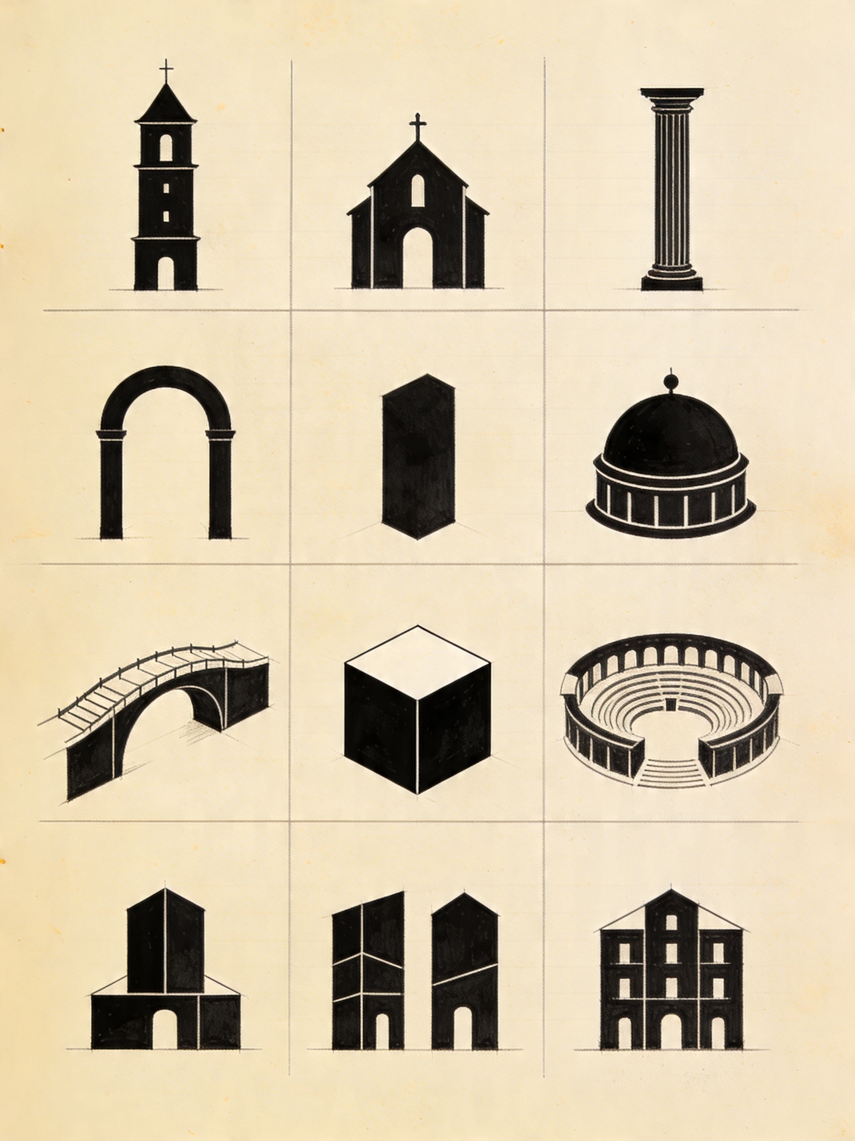 Lámina tipológica de doce elementos arquitectónicos canónicos (campanario, iglesia, columna, arco, monolito, cúpula, puente, cubo, anfiteatro, casa, casa partida, casa industrial) dispuestos en cuadrícula 4x3 sobre fondo crema, dibujados a tinta plana.