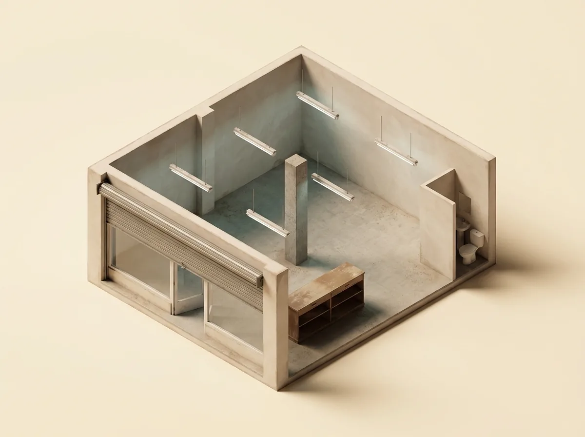 Maqueta conceptual de un local vacío con estructura, iluminación y frente abierto