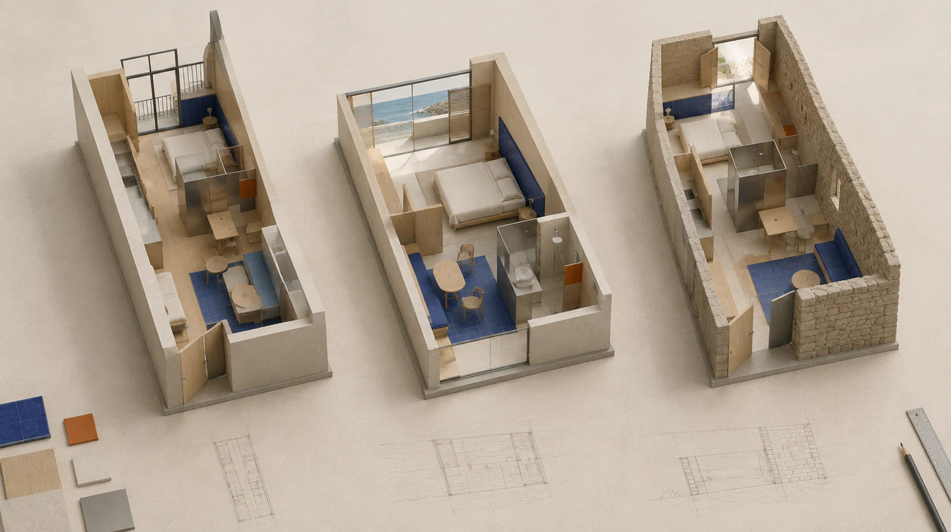 Tres maquetas de espacios adaptados a contextos urbano, costero y rural mediante un sistema común